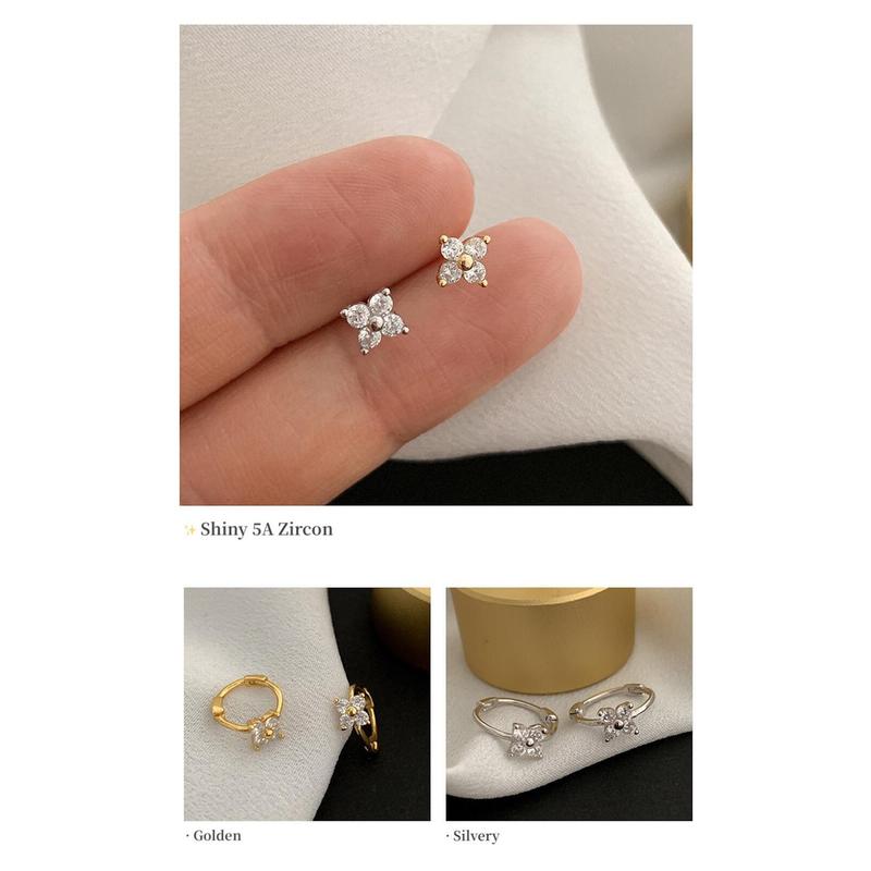Product Introduction of S Sier Clover Diamond Zircon Ear Stud Stick Dainty Woman Earrings Hypoallergenic Earring 3