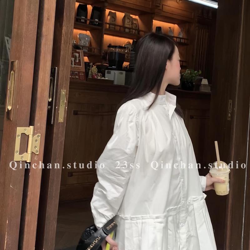 Váy Nữ sơ mi cổ tàu form ngắn xếp li dưới Sanhyewear