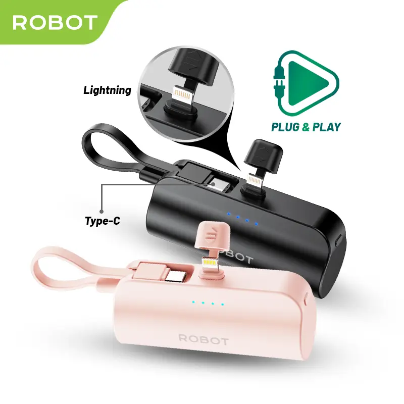 Robot Mini Powerbank RP-051L /RP-051C (Black and Pink) Port Type-C Lightning Travel Size Garansi 1 Tahun 2