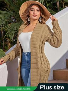 【Plus Size】 Solid Color Textured Pocket Drop Shoulder Long Cardigan, Casual Oversize Long Sleeve Open Front Knitwear for Fall & Winter, Women's Plus Clothing for Daily Wear