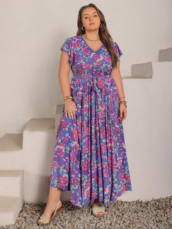 Plus Size Floral Print Ruffle Hem Belted A Line Dress, Comfort Bohemian Dresses for Women, Contrast Lace V Neck Long Dress for Beach Vacation Holiday, Summer Dresses 2025, Sun Dress 3