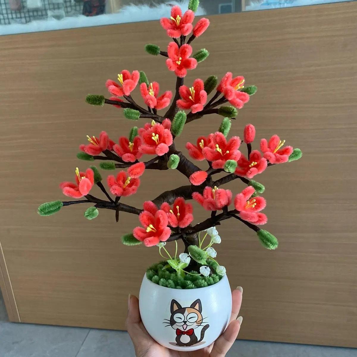 Chậu hoa mini kẽm nhung hoa đào hồng xinh màu theo yêu cầu bonsai mai