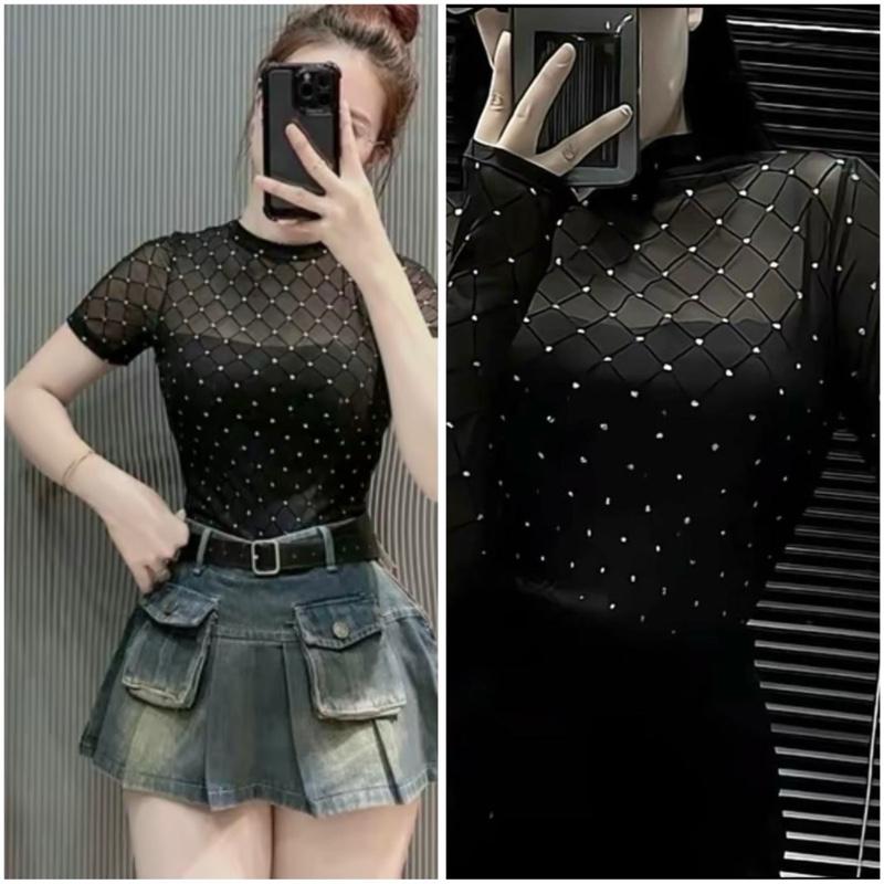 Combo 2 Áo lưới kim tuyến 2 lớp ôm body tôn dáng Nữ Top Women Cổ Tròn ( dáng vừa )