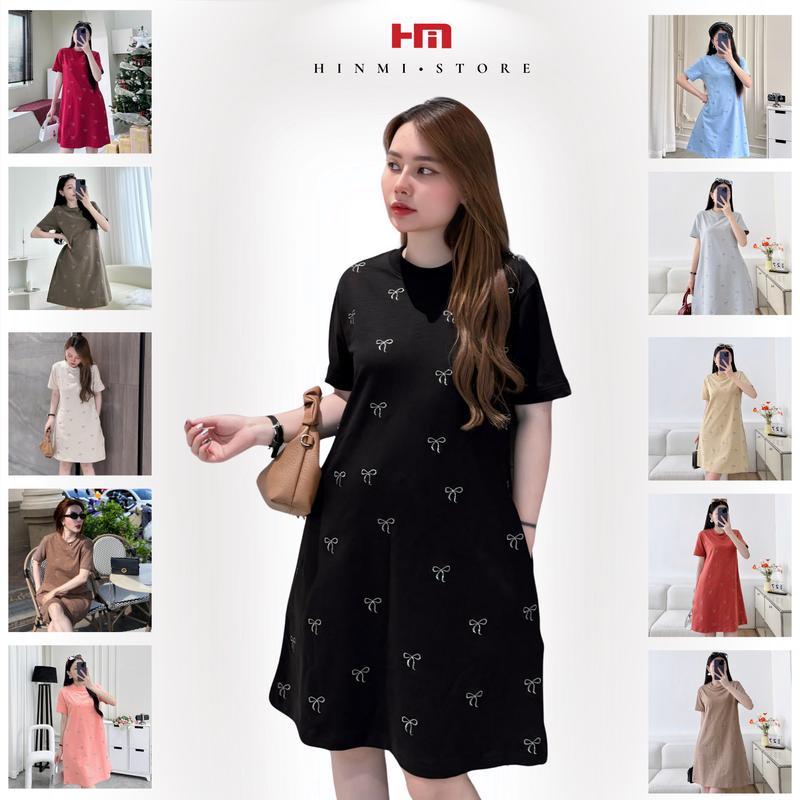 SALE LƯƠNG VỀ Váy Chữ A Suông _ Dáng Ngắn _ Thêu Họa Tiết Nơ Lấp Lánh_ Cổ Tròn Tay Lửng Chất Cotton Mềm Mịn Che Khuyết Điểm Tốt Bầu Có Thể Mang Được Dress Màu Nâu Nhung Voan THÊU_NƠ