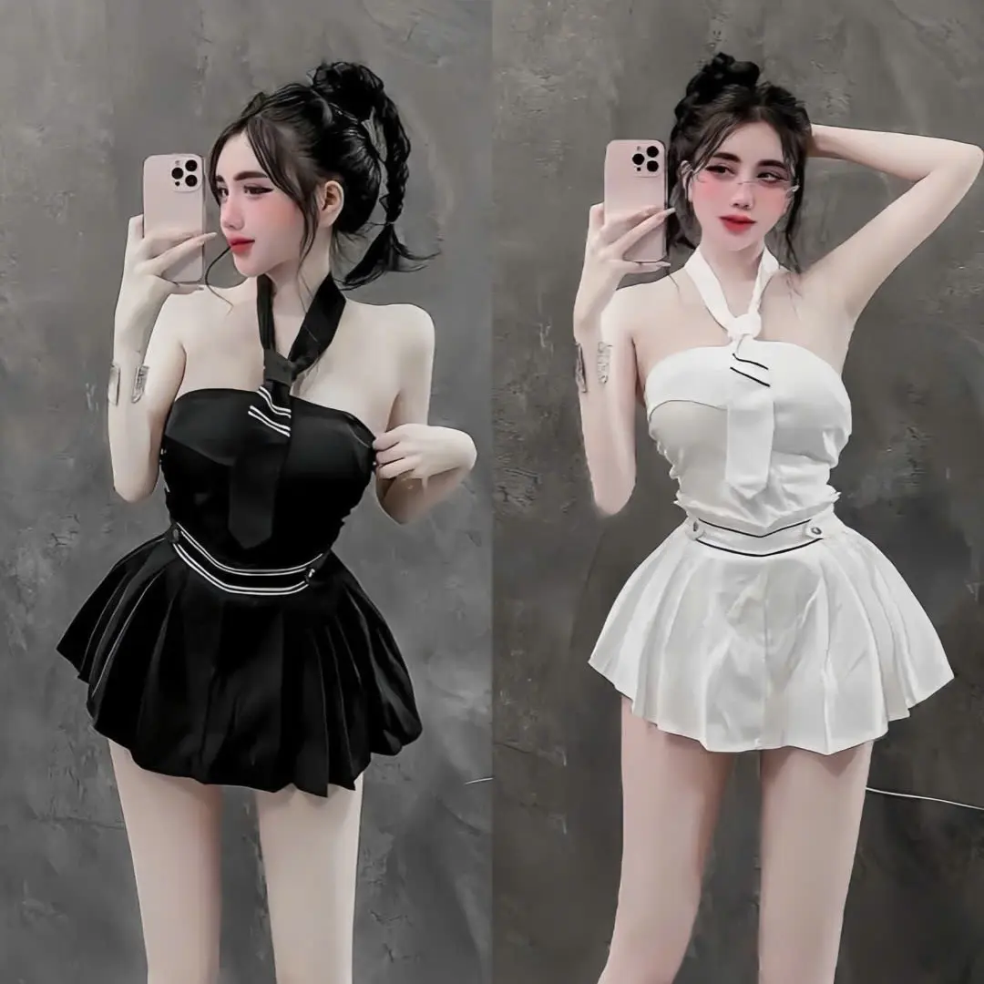 (45-55kg)Bộ Áo Ống Có Mút Kèm Cà Vạt Phối Chân Váy Xếp Li Thiết Kế Trẻ Trung Cho Nữ - Women, Kem Top
