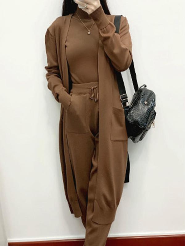 Women's Solid Color Open Front Cardigan & Drawstring Waist Pocket Pants & Mock Neck Tank Top Knit Set, Casual Fashion Cozy Three-piece Outfits for Daily Outdoor Wear, Women Clothes for Fall & Winter 3