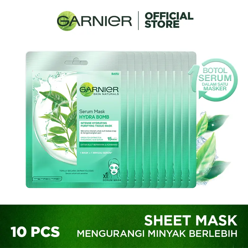 Garnier Serum Mask Green Tea 10 Pcs Masker Lebih Hemat Garnier Serum Mask Hydra Bomb Green Tea Skin Care (Masker Wajah Untuk Kulit Berminyak & Berjerawat) 0