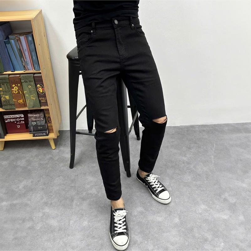  QJP9EA50A Quần jean nam rách gối chất bò cotton co dãn màu đen quần vá da mã Pants Menswear Có Túi 