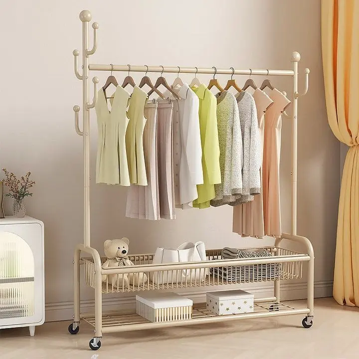 [Sg Sales]Clothes Hanger Portable Rod Coat Rack Floor Home Bedroom Hanger Balcony Hanging Clothes Rack Indoor Movable Clothes Organizer  Cloth Storage Rack Drying