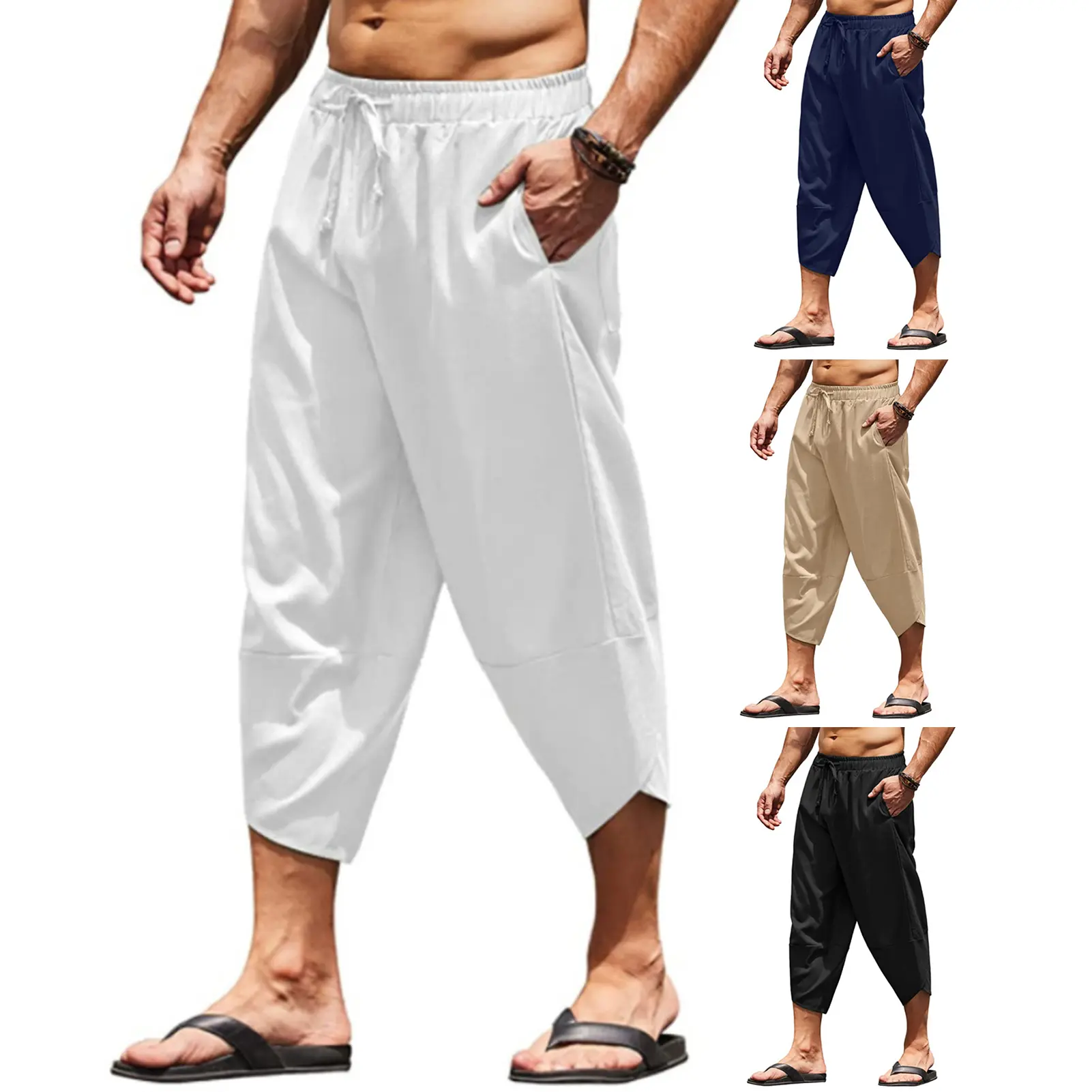 Qikbjgs Mid-rise Elastic Waistband Baggy Pants Drawstring Pockets Thin Men Solid Color Harem Cropped Pants Daily Garment