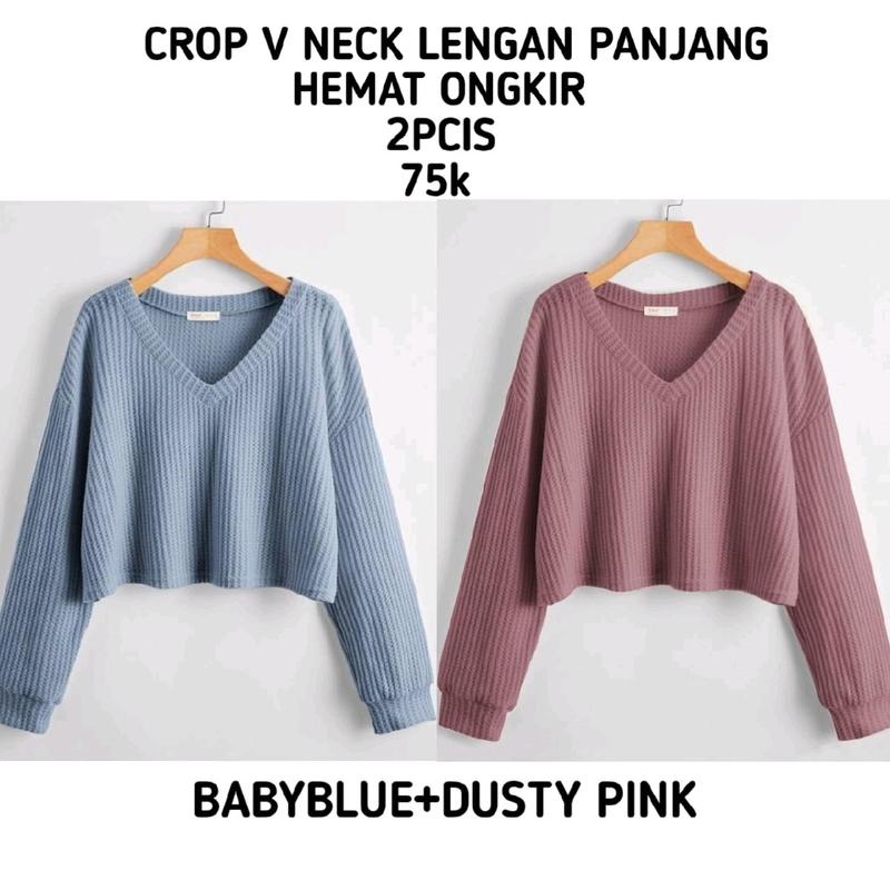Promo 2pcis Crop V Neck Lengan Panjang Wanita - Baju Knitwear Nyaman - Formal, Midi kemeja vest jumbo 6