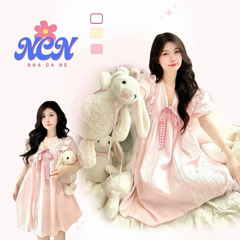 Đầm babydoll nơ caro phối viền tay phồng Nữ đồ diện Tết 2025