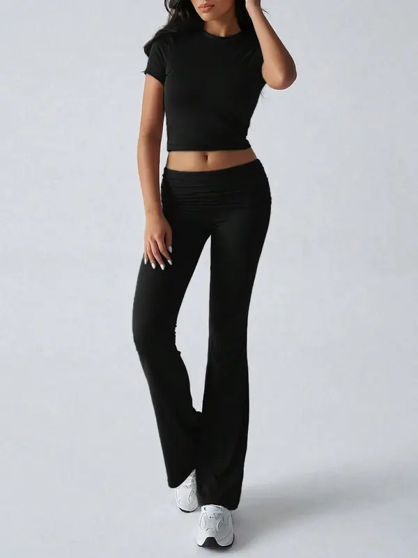 Two-piece Set Women's Solid Crop Top & Flare Leg Pants, Casual Fashion Cozy Round Neck Top & Bell Bottom Trousers for Daily Outdoor Wear, Ladies Clothes for Summer 2