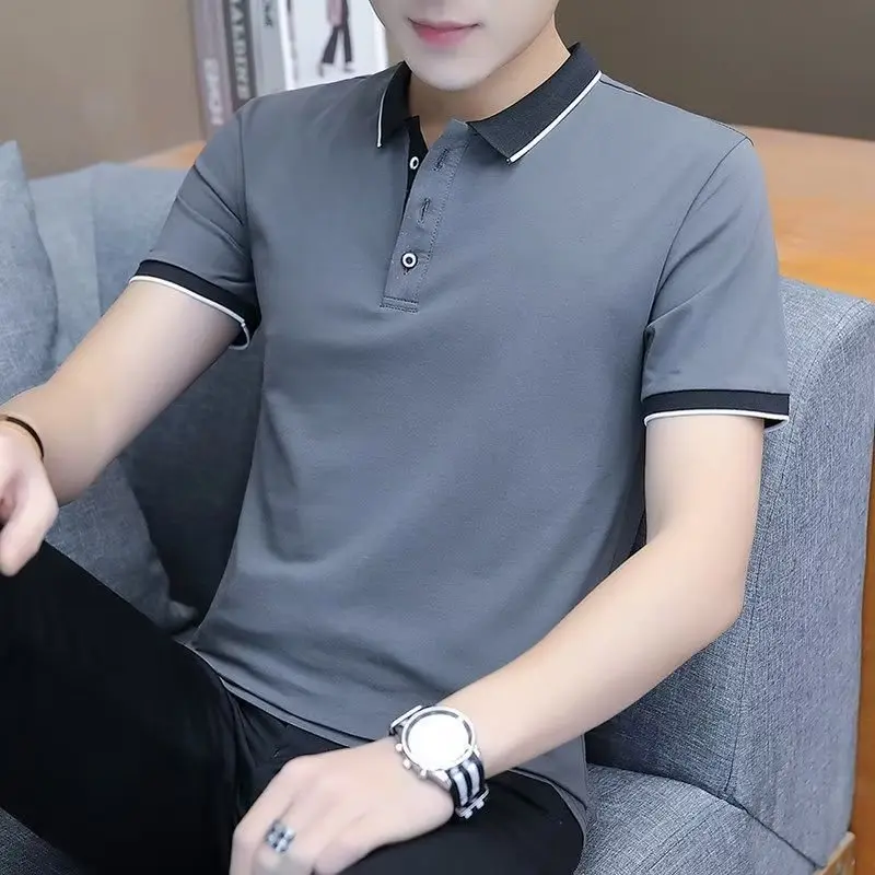 Polo for Men Men's Short-Sleeved Polo Shirt Ice Silk T-shirt Korean Style Slim Fit Youth Lapels Button Trendy T-shirt Stand Collar Top Clothes