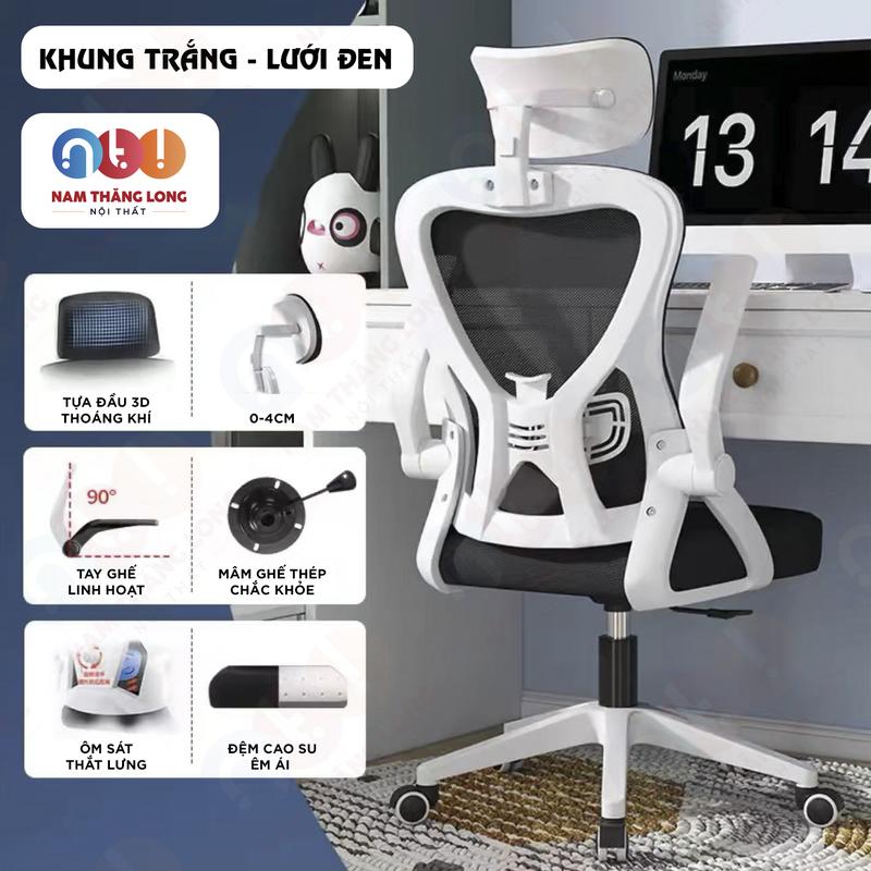 [NTL V1] Ghế văn phòng giá rẻ , Vải lưới tựa đầu 3D thoáng khí, tựa lưng êm ái ôm sát thắt lưng, tay ghế gập mở linh hoạt