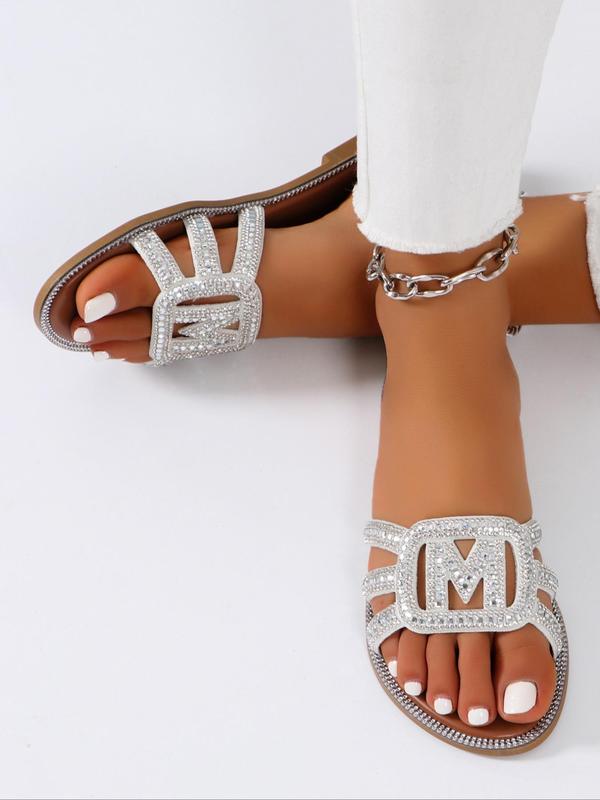 Women's Fashion Rhinestone Decorated Letter Decorated Slip on Flat Sandals, Casual Hollow Out Design Sandals for Summer, All-match Commuter Shoes for Work & Daily Wear 1