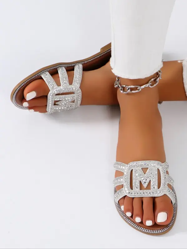 Women's Fashion Rhinestone Decorated Letter Decorated Slip on Flat Sandals, Casual Hollow Out Design Sandals for Summer, All-match Commuter Shoes for Work & Daily Wear 1