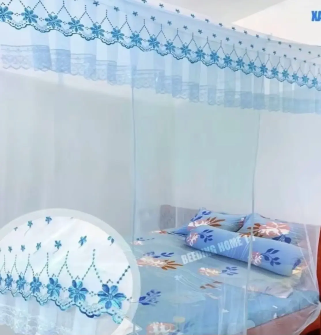 Màn mùng mắc dây treo 4 góc, màn có ren thêu, Có Cửa Chống muỗi hiệu quả