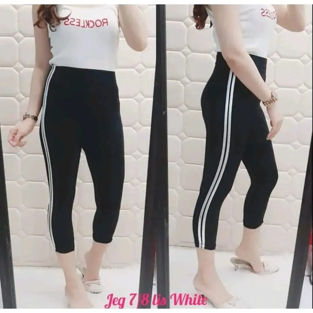 Legging Wanita 7/8 List Putih / Legging import Wanita Celana Hitam