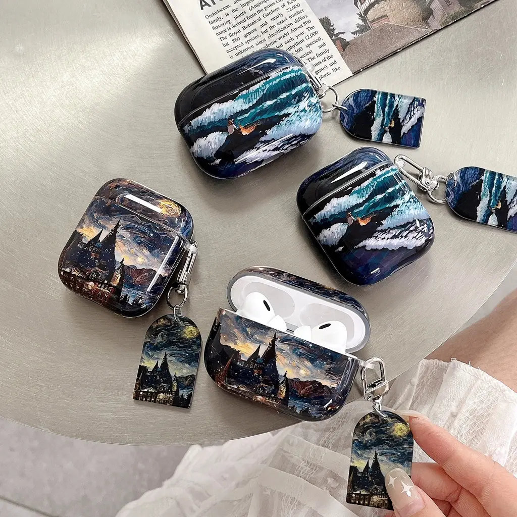 Vincent Van Goghปราสาท Starryแวนโก๊ะเคส Starry Sea, กันกระแทก, ฝาครอบป้องกันหูฟัง, กันน้ำ, เข้ากันได้กับ Airpods 1/2 และ 3 Pro