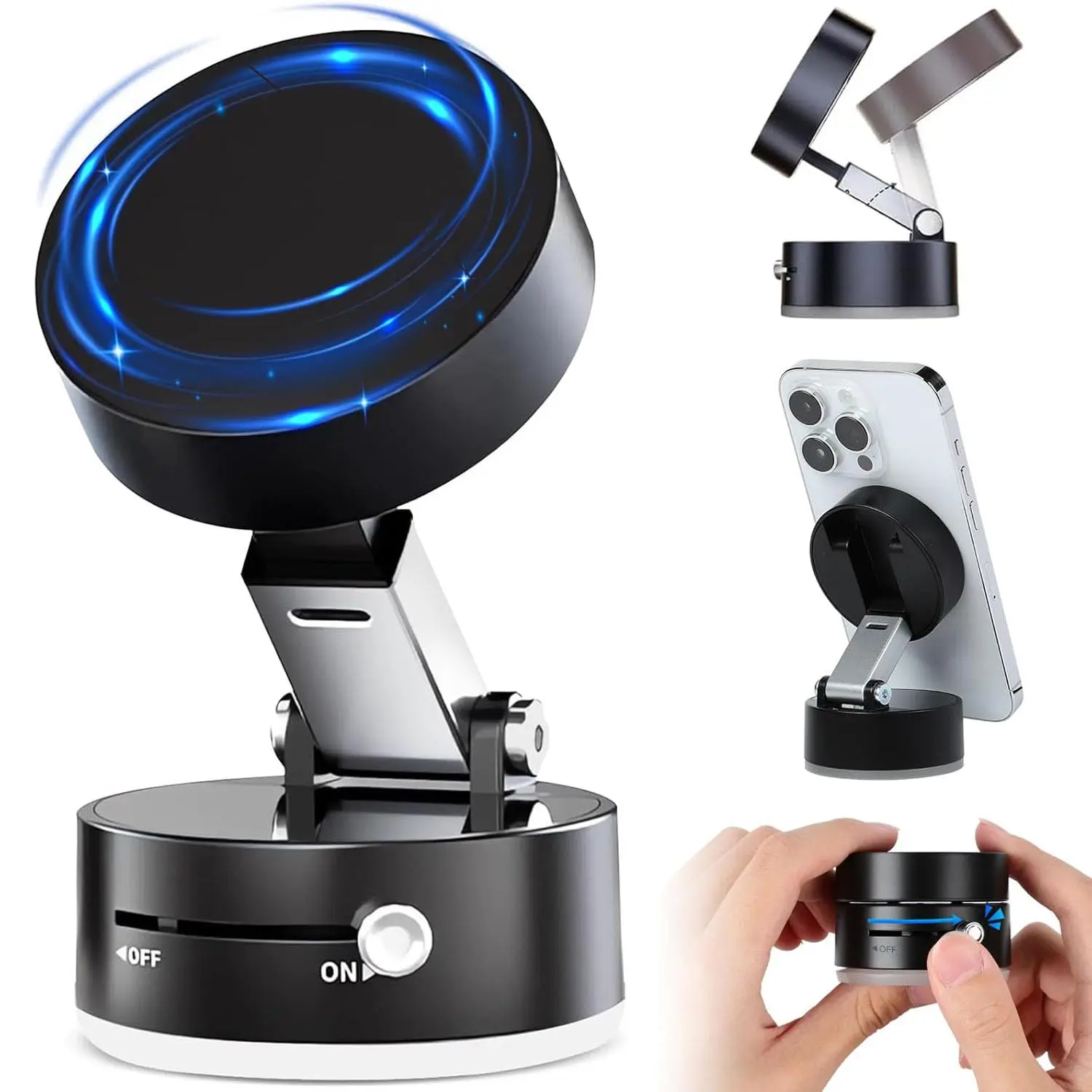 Vacuum Magnetic Phone Holder, Suction Cup Phone Mount, Foldable Strong Magnetic Cell Phone Holder for Car, Gym, Mirror, Smooth Surface, Compatible with Magsafe iPhone