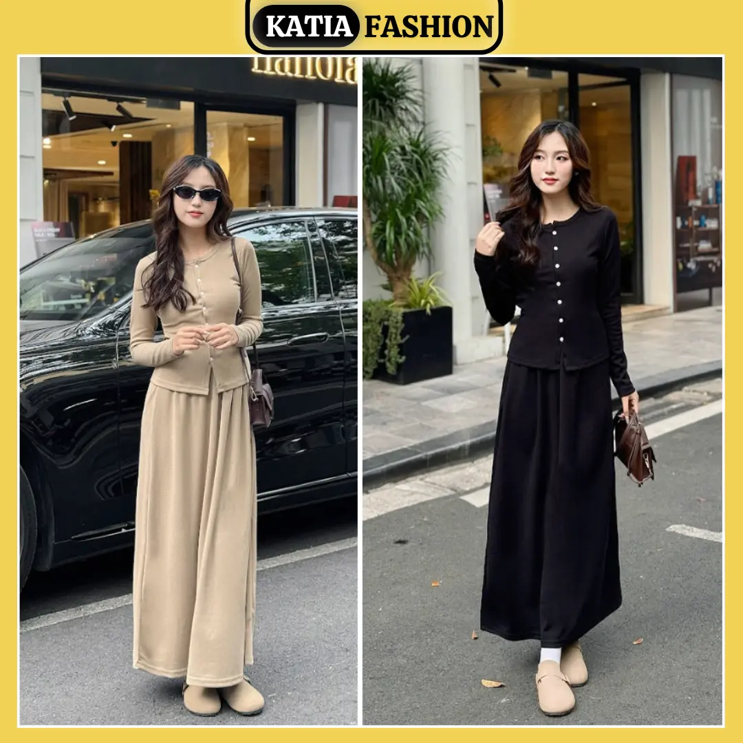 Set váy len 2 món dáng dài sang chảnh phong cách tiểu thư Hàn Quốc Nữ Women Áo Bo Chun