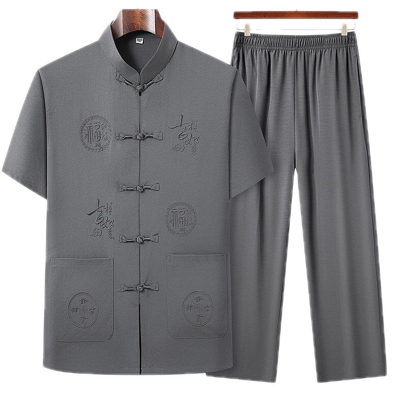 Bộ lam đi chùa Bộ đồ trung niên nam cho ông cho bố phong cách sang trọng Bộ đồ áo cổ tàu tay ngắn chất liệu nhẹ mát thêu họa tiết Menswear