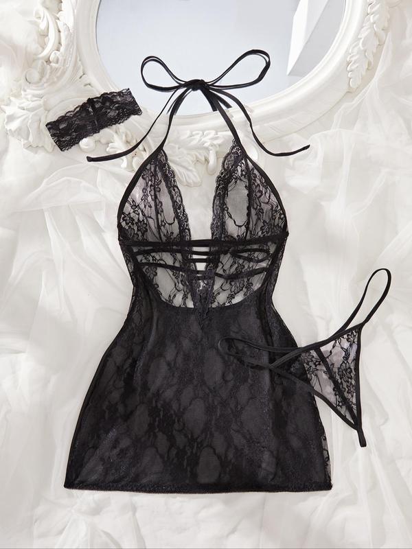 Women's Solid Color Lace  Halter Neck Nightdress & Thong Sexy Sleepwear Set, Sexy Fashion  Tie Back Backless Sleeveless  Nightgown & Panty Set, Women's Sleepwear for All Seasons 2