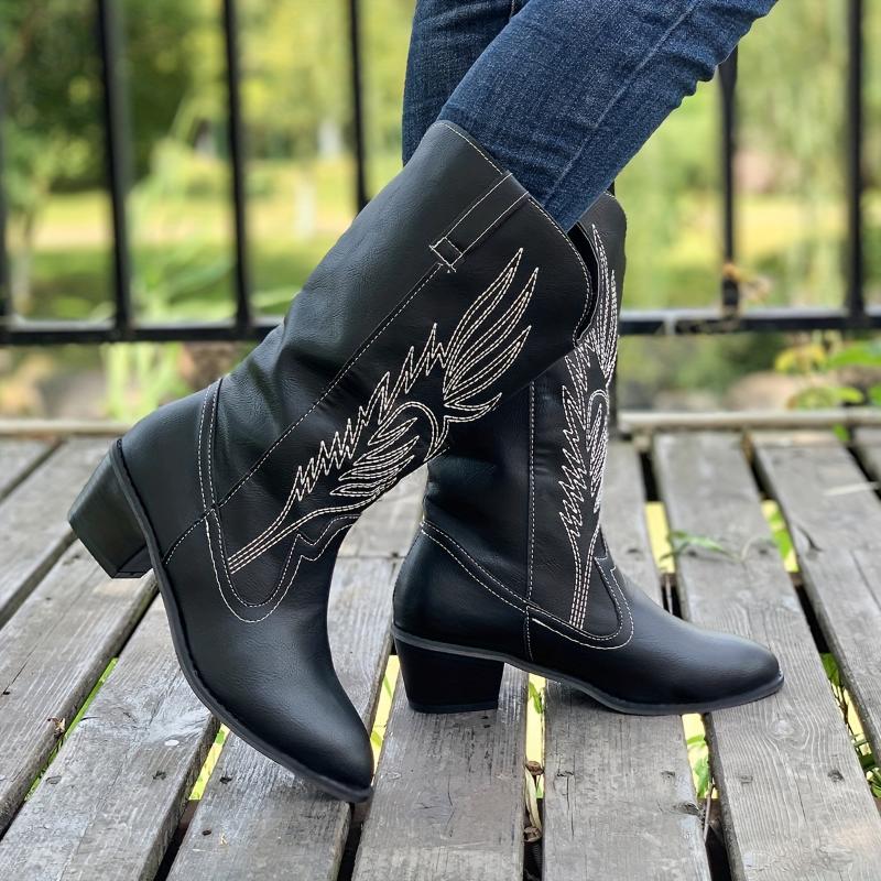 Women's Solid Color Chunky Heel Boots, Fashion Point Toe Mid Calf Boots, Stylish Western Cowboy Boots 7