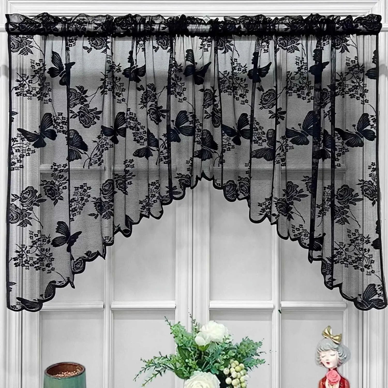 Country Embroidered Butterfly Short Valance Curtain for Kitchen Small Window Half Curtain Rod Pocket Top Roman Drapery