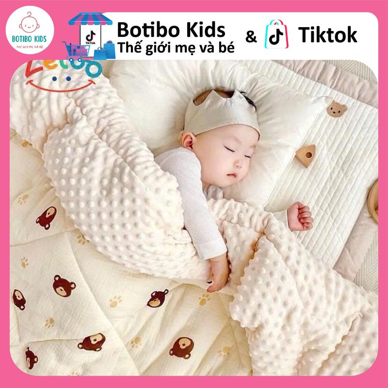 Chăn Xô Trần Bông Hạt Đậu Zeloo Chất Liệu Xô Muslin Kết Hợp Vải Nhung Bi Phong Cách Hàn Quốc Cho Bé Size 110cmx110cm BOTIBO KIDS