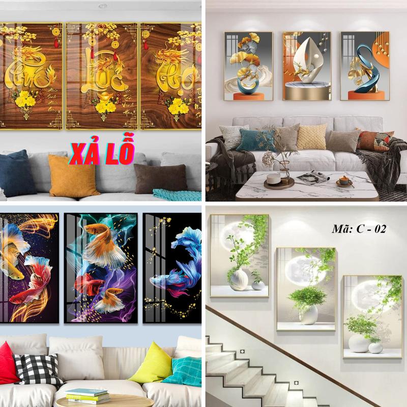 Bộ 3 Tranh 60x120cm Tráng Gương, tặng kèm đinh 3 chân chuyên dụng Decor Decor Phòng Trang Trí Nhà Phòng Khách Treo Tường gấu