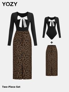 YOZY Women's Bow Decor Bodysuit & Corduroy Skirt Set, Ladies Clothes for All Seasons