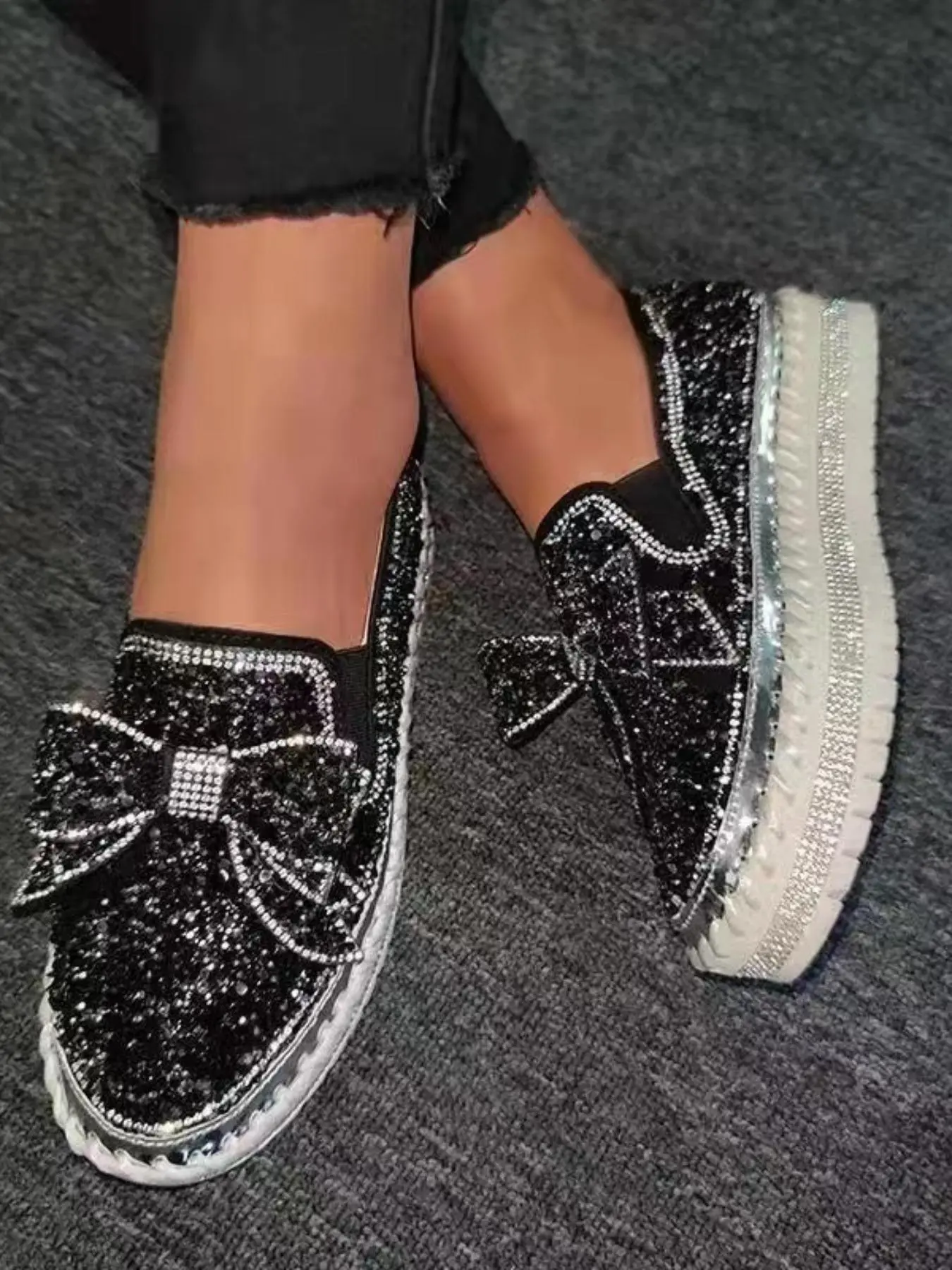 Women's Rhinestone Bow Decorated Slip on Loafers, Work Shoes, Fashionable Glitter Decorated Platform Shoes, Elegant Casual Comfortable Shoes for Daily Wear