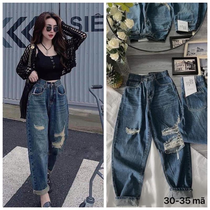 [Bigsize 55-86kg]Quần baggy bigsize nữ rách màu xanh đậm xỉn dơ lưng cao trên rốn không co giãn, Women Jean Denim