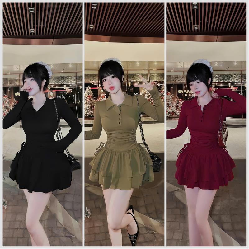 Đầm Body Ngắn Xòe Hai Tầng Tay Dài Cổ Trụ Hình V Rút Dây Hông Kèm Quần Trong Chất Thun Gân Tăm Đi Tiệc Đi Chơi Xinh Tươi Dễ Thương HT Nữ Women Kem Dress Đỏ