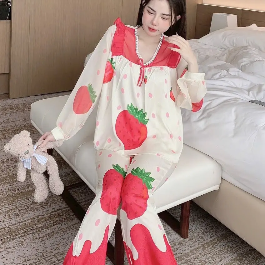 BỘ Cổ V PhỐI TAY VON, Chất liệu Lụa Xước ÁNh KiM, Nhiều Màu, Phom 40 Đến 60kg, quần xuônh , có Túi Nữ Women Áo Ngủ Quần Ngủ