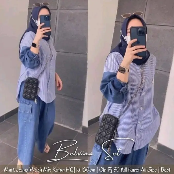 Setelan Baju Wanita Terbaru 2024 Belvina Set Bahan Katun Mix Jeans Setcel Wanita Cargo Bigsize Oversize Jumbo