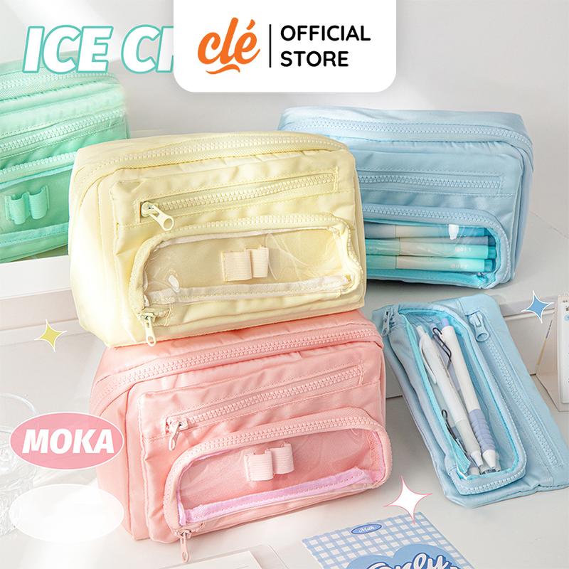 Túi Bóp Đựng Bút Viết Bằng Vải Màu Kem Pastel Với Sức Chứa Lớn - Nhiều Ngăn Tiện Lợi hộp bút