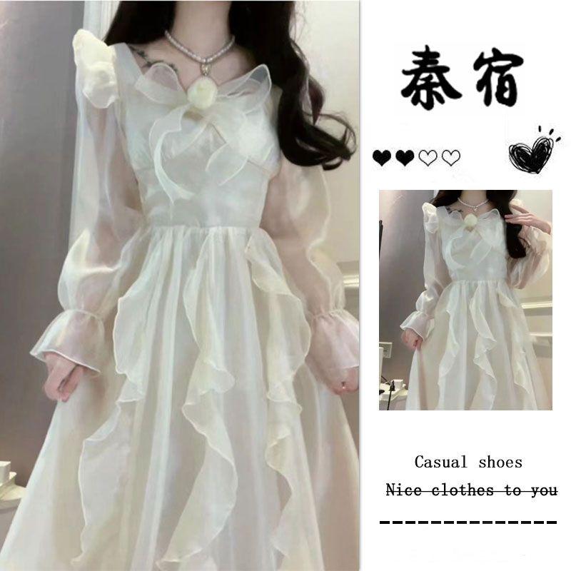 Váy Fufu Sữa, Qin Su, Phong Cách Công Chúa INS, Nơ Ngọt Ngào, Eo Thanh Lịch, Bó Sát, Phồng, Váy Dài Tay, Thời Trang, Dễ Phối Đồ Thanh Lịch 0