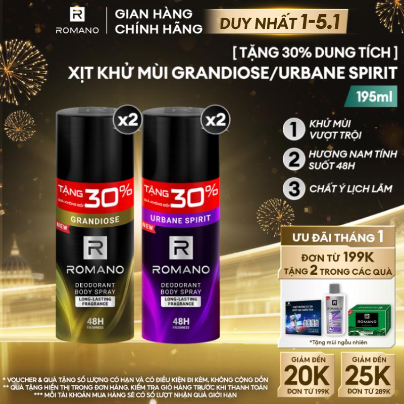DUY NHẤT 1-5.1 THÊM 30% GIÁ KHÔNG ĐỔI x MÙI HƯƠNG MỚI Combo 2 Xịt khử mùi Dưỡng Body toàn thân cho nam Romano ngăn mồ và mùi cơ thể Urbane Spirit Grandiose