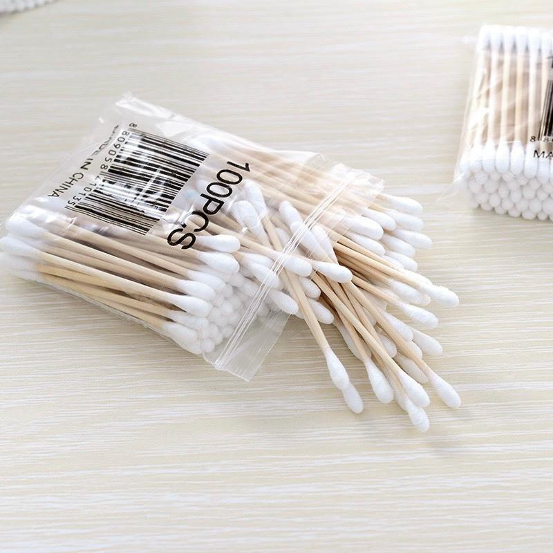 Tăm bông cán gỗ 2 đầu, bịch 100 cây, tiết kiệm trong việc vệ sinh mi, tháo mi (dụng cụ nối mi) 8