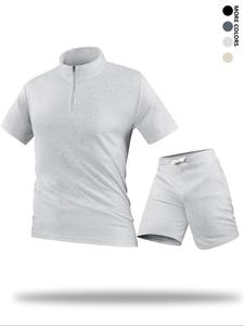 Two-piece Set Men's Solid Zip Up Half Placket Top & Shorts, Regular Fit Casual Short Sleeve Top & Shorts, Men's Two-piece for All Seasons