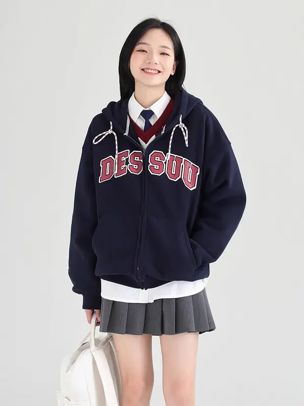 Áo Hoodie Zip Dessuu phong cách đại học họa tiết chữ in hoodie  đỏ hoodie  xanh  đen (lông) zipper zipper 5