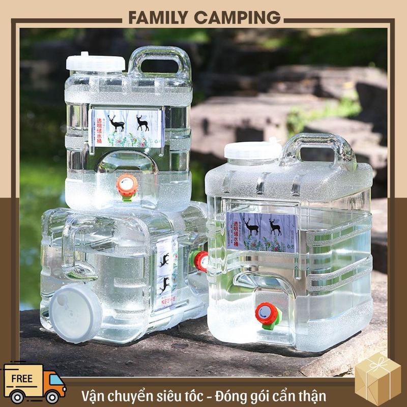  Bình Nước Trong Suốt 5L 7.5L 10L 15L 20L 28L Can Đựng Nước Cắm Trại Dã Ngoại Kèm Vòi Dự Phòng + Nắp Đậy + Ống Nối Dài + Cọ Bình 