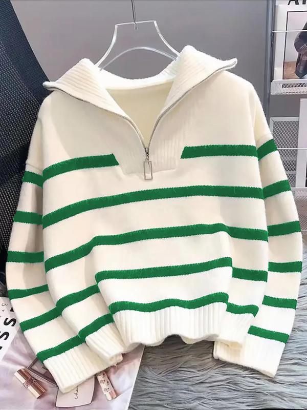 Women's Striped Print Zipper Drop Shoulder Sweater, Casual Pastel Long Sleeve Collared Mam Jumper Striped Sweater for Daily Wear, Women's Knitwear Top for Fall & Winter, Go Out Tops, Trending Clothing Women 3