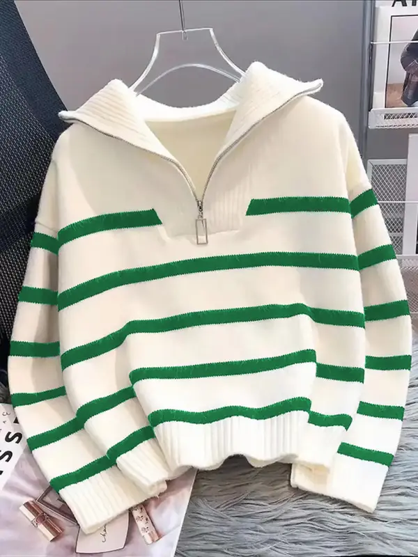 Women's Striped Print Zipper Drop Shoulder Sweater, Casual Pastel Long Sleeve Collared Mam Jumper Striped Sweater for Daily Wear, Women's Knitwear Top for Fall & Winter, Go Out Tops, Trending Clothing Women 3