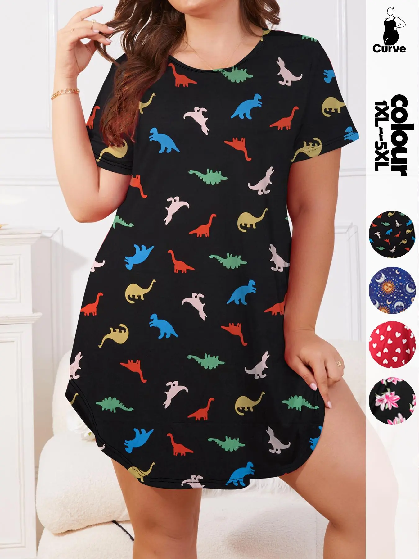 【Plus Size】 All Over Print Round Neck Tee Nightdress, Casual Comfortable Short Sleeve Nightgown for Women, Women's Sleepwear for Summer