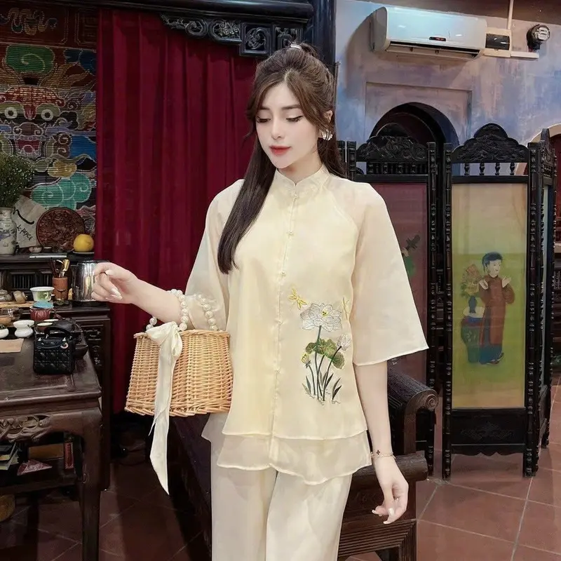 Bộ pháp Phục Linh Đan, Bộ quần áo đi chùa chất liệu tơ 3 lớp thêu hoa thanh đình Nữ 2