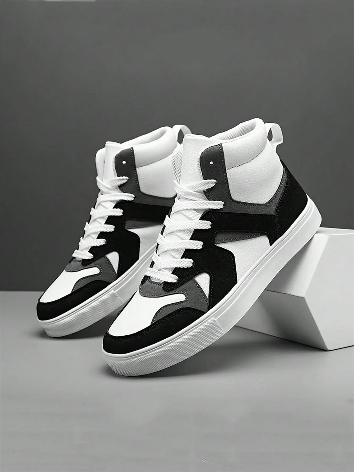 Men's Trendy Colorblock Lace-up Mid Top Sneakers & Trainers, Lightweight Comfortable Pu Leather Sports Shoes, Casual Outdoor Sports Walking Shoes for Boy